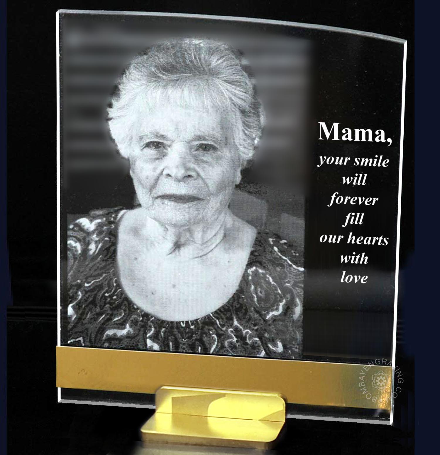 Memorial plaque with engraved picture on floating acrylic plate